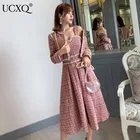 Женский твидовый костюм UCXQ с жемчужинами, Яркий шелковый короткий пиджак и лоскутное платье средней длины на бретельках, винтажный костюм из двух предметов, новинка 2022, осень 23XM811