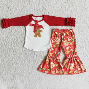 Christmas Set With Gingerbread Print Bow Red Patchwork Shirt And Bell-bottom Pants