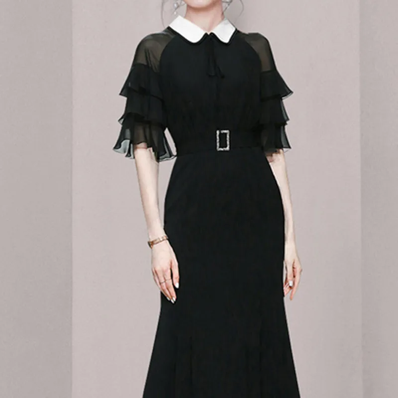 

ZAWFL Women Korean Ruffles Dress Turndown-Collar Puff Sleeve Slim Mermaid Dresses Summer Elegant Fashion Streetwear Sundress