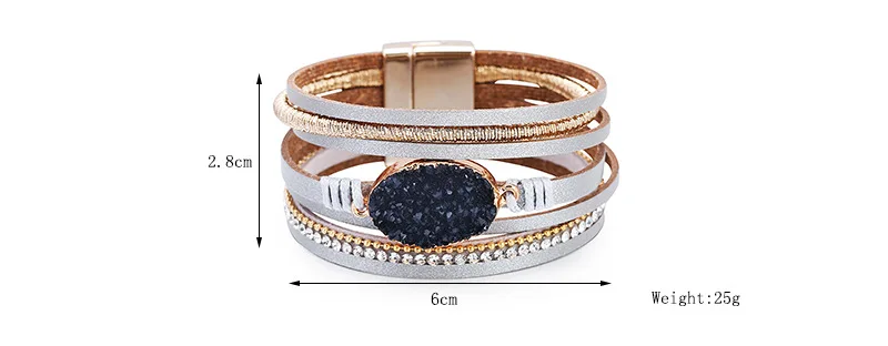 

Fashionable Bohemian Style Crystal Stone Multilayer Genuine Leather Women's Bangle Retro Cuff Charm Female Bangle Jewelry