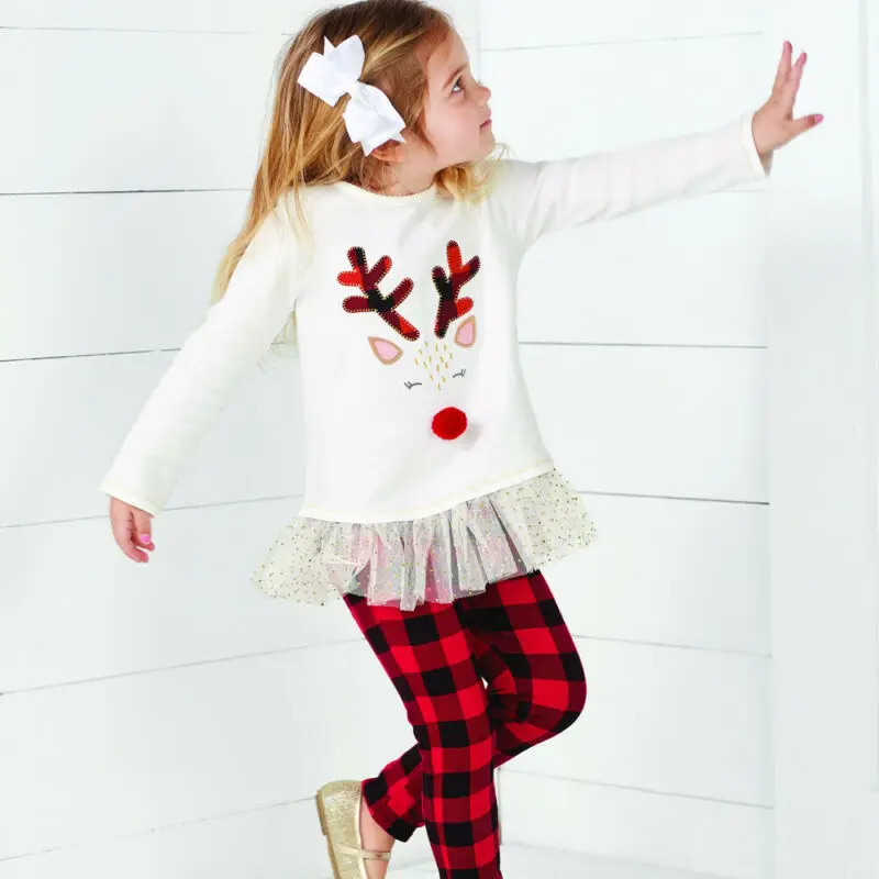 Рождественское платье для маленьких девочек топы футболка + штаны комплект из 2