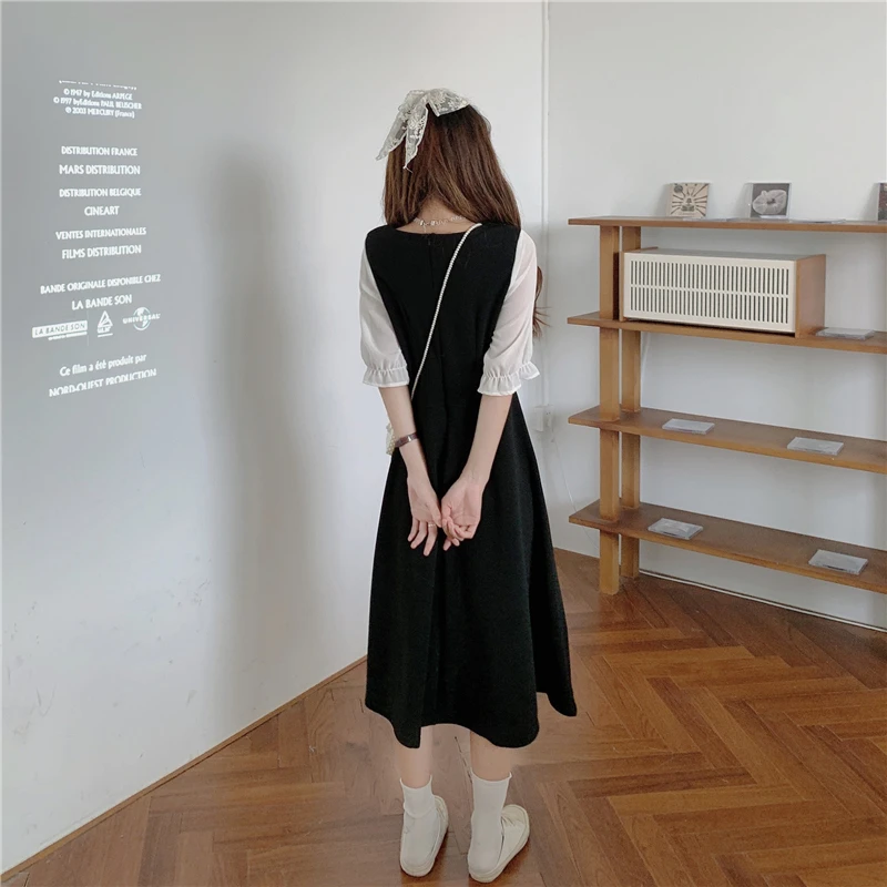 

Large Size Square Collar French Retro Dress for Plump Girls Style Slimming Waist Slimming A- line Midi Dress