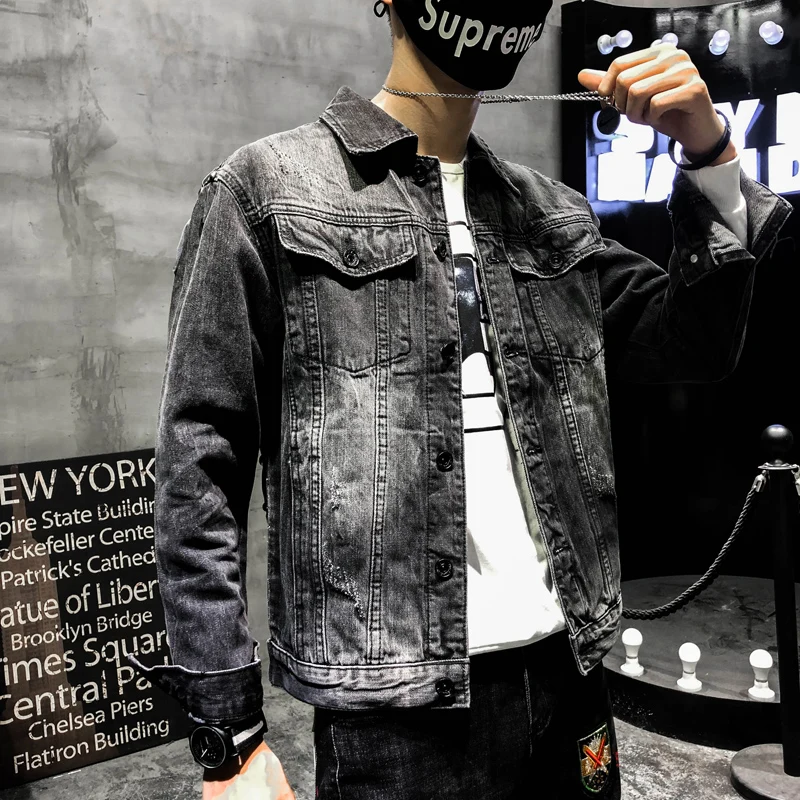 Модная уличная одежда джинсовая куртка с дырками брендовая вышивкой головы