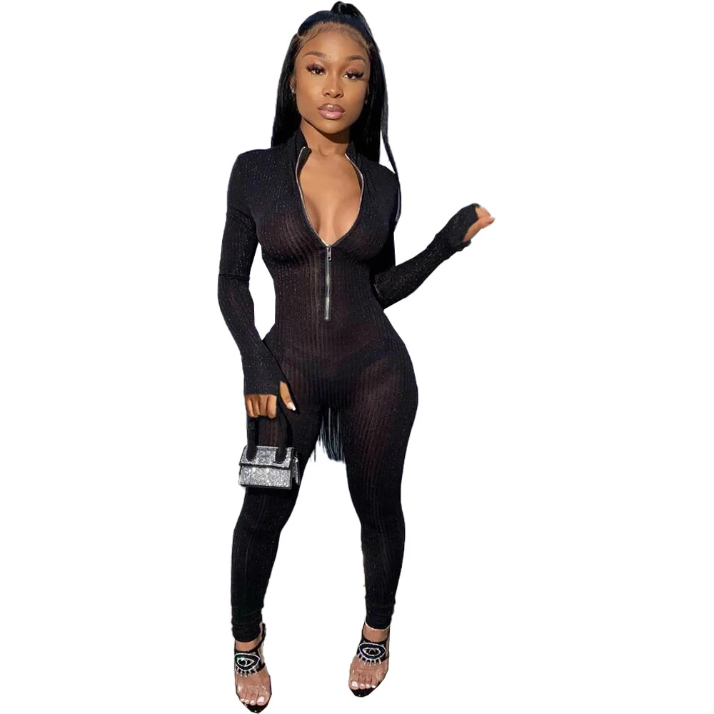

Bodycon Rompers Women Jumpsuit Sexy Ribbed Transparent Long Sleeve Black Bodysuits Woman Fashion Front Zipper Night Club Outfits