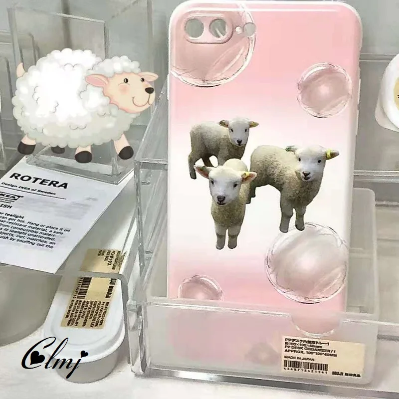 Clmj Cute Lamb iPhone Case Animal White Pink Phone Case For iPhone 12 11 7 8 Plus Soft Silicone Protective Case Ins Y2K Gift New