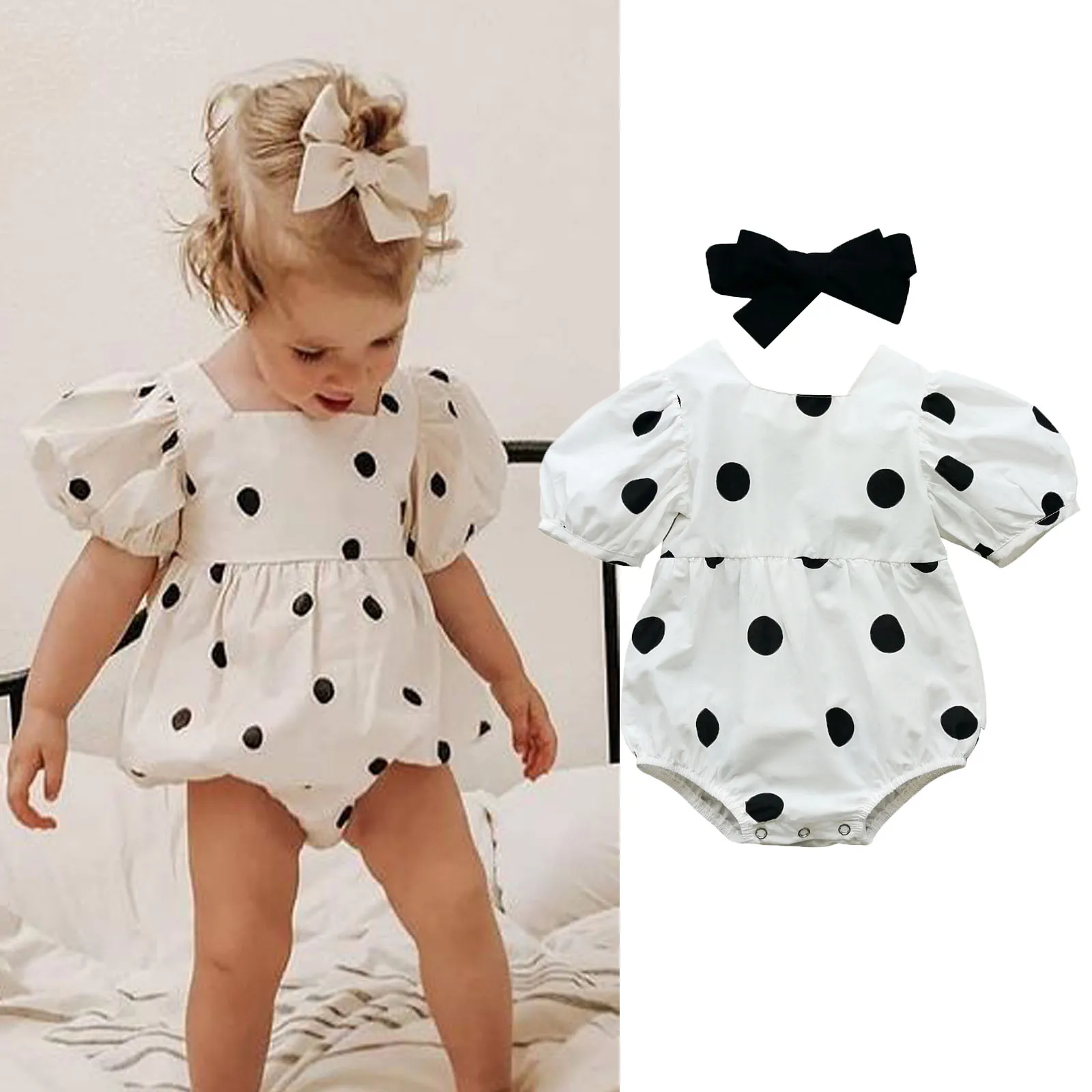 

Summer Infant Baby Girls Short Sleeve Bodysuit+ Bow Headband Polka Dot Printing Clothing