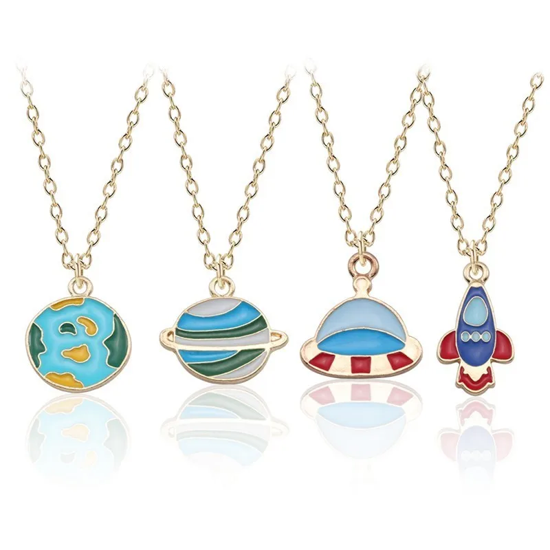 

Diy Trendy Galaxy Planet Necklace Women Jewelry Cartoon Enamel Rocket Spaceship Earth Necklaces Pendants Collier Femme