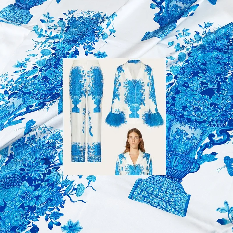 

Blue Vase V Brand Stretch Satin Digital Printing Polyester Fabric for Dress Women's Clothing Design Sewing Material by The Yard