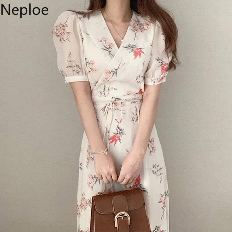 Neploe Flower Lace Up Print Dress Women Summer 2020 Elegant V Neck Puff Sleeve Ladies Vestido Fashion Slim Waist Chiffon Dresses | Женская