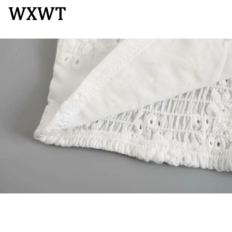 

WXWT Fashion Women White Lace Wood Ear Side Shirt Tops Short Sleeve Square Collar Solid Female Summer Chic Short Blouses SDP9386