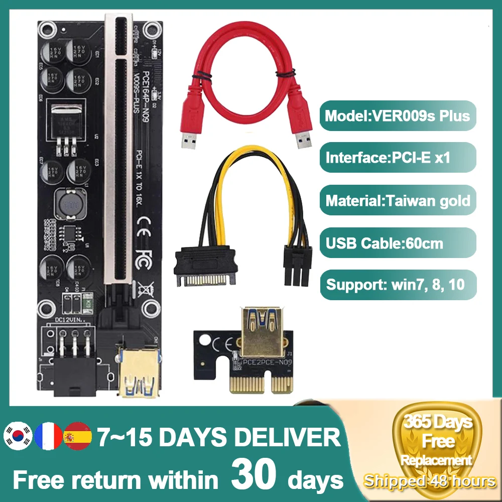 

PCI-E Riser Card Ver 009s plus 60CM USB 3.0 Cable Ver009s PCI Express 1X to 16X Extender PCIe Adapter for GPU Graphics Card