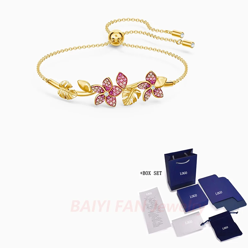 

2020 SWA New TROPICAL FLOWER Necklace Set Pink Leaf Flower Petal Decoration Crystal Women's Choice Casual Fashion Jewelry Gift