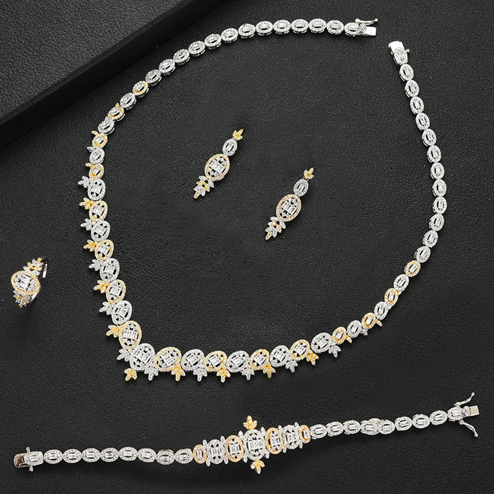 

LARRAURI 4PCS Necklace/Earrings/Bracelet Bangle/Resizable Ring Trendy Cubic Zirconia Luxury Jewelry Sets parure bijoux femme