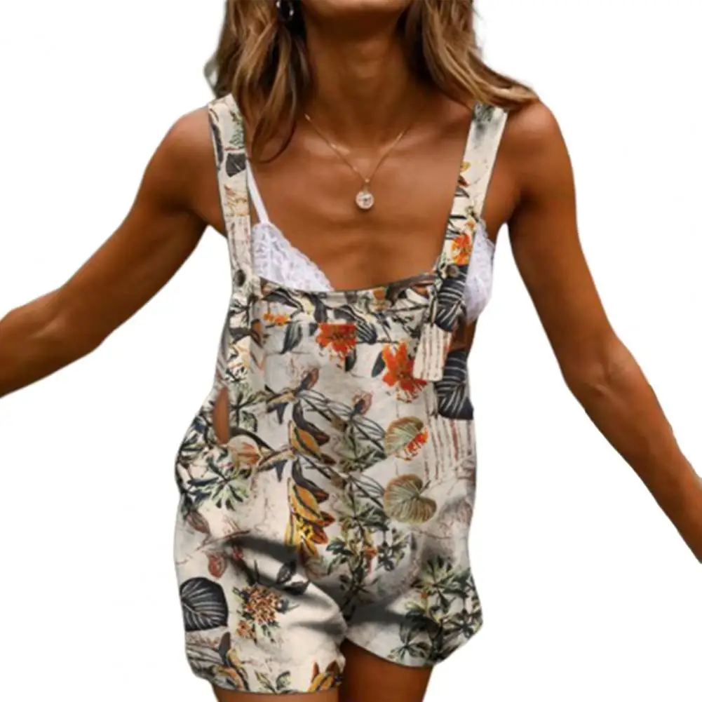 

Stylish Women Jumpsuit Skin-friendly Floral Print Suspender Summer Wide Leg Buttons Romper for Summer Dating