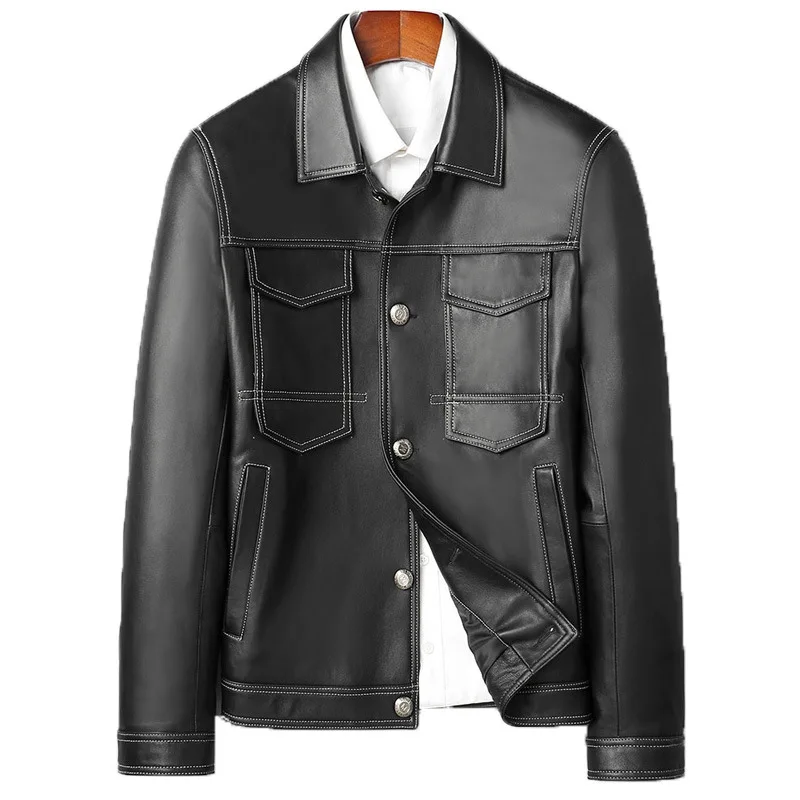 Куртка мужская короткая из натуральной овечьей кожи модный приталенный