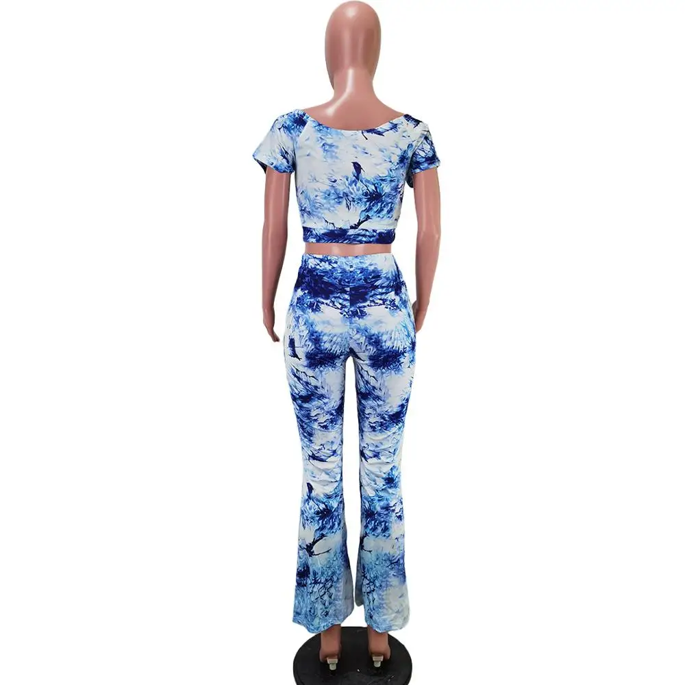 

European new tie dye print slim fit two piece set fashion tight U-neck sleeveless vest and trousers set for women