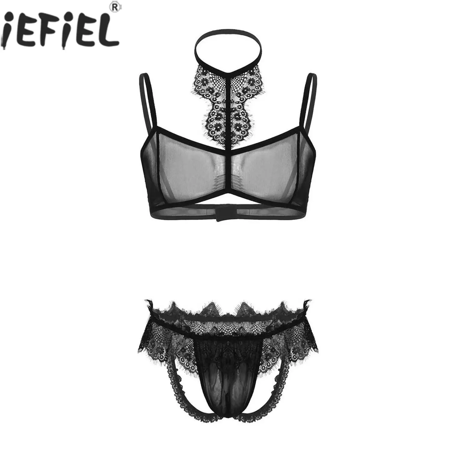 

Men Sissy Lingerie Set Gay Sexy See Through Sheer Mesh Lace Trim Underwear Bra Top Open Butt Jockstrap Briefs Panties Nightwear