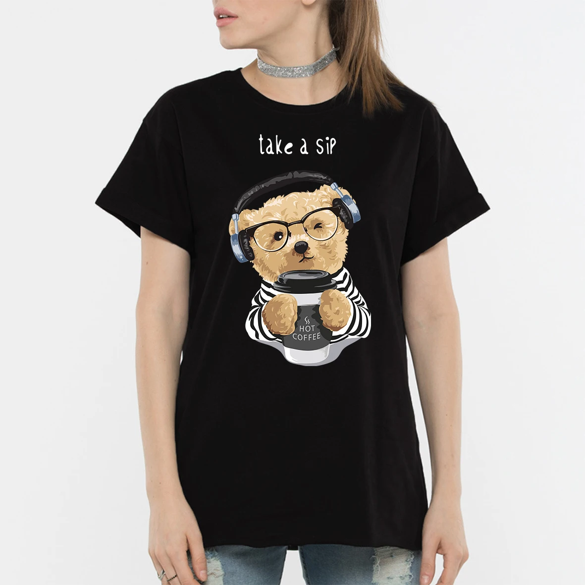BLINGPAW Teddy Bear глоток кофе с буквенным принтом Футболка из чистого хлопка унисекс