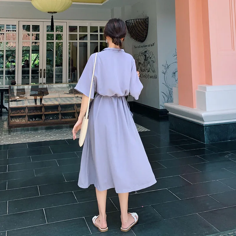 Модное платье-рубашка с отложным воротником женское однотонное платье коротким