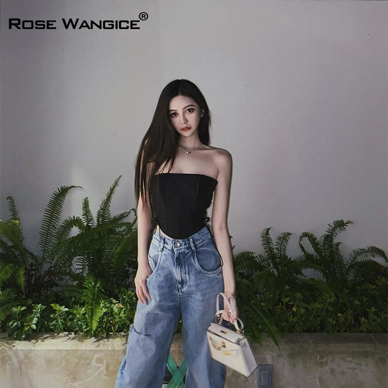 

Rose Wangice Off Shoulder Strapless Lace Up Sexy Bustier Corset Crop Tops for Women Black Sleeveless Vest Top Cropped Feminino