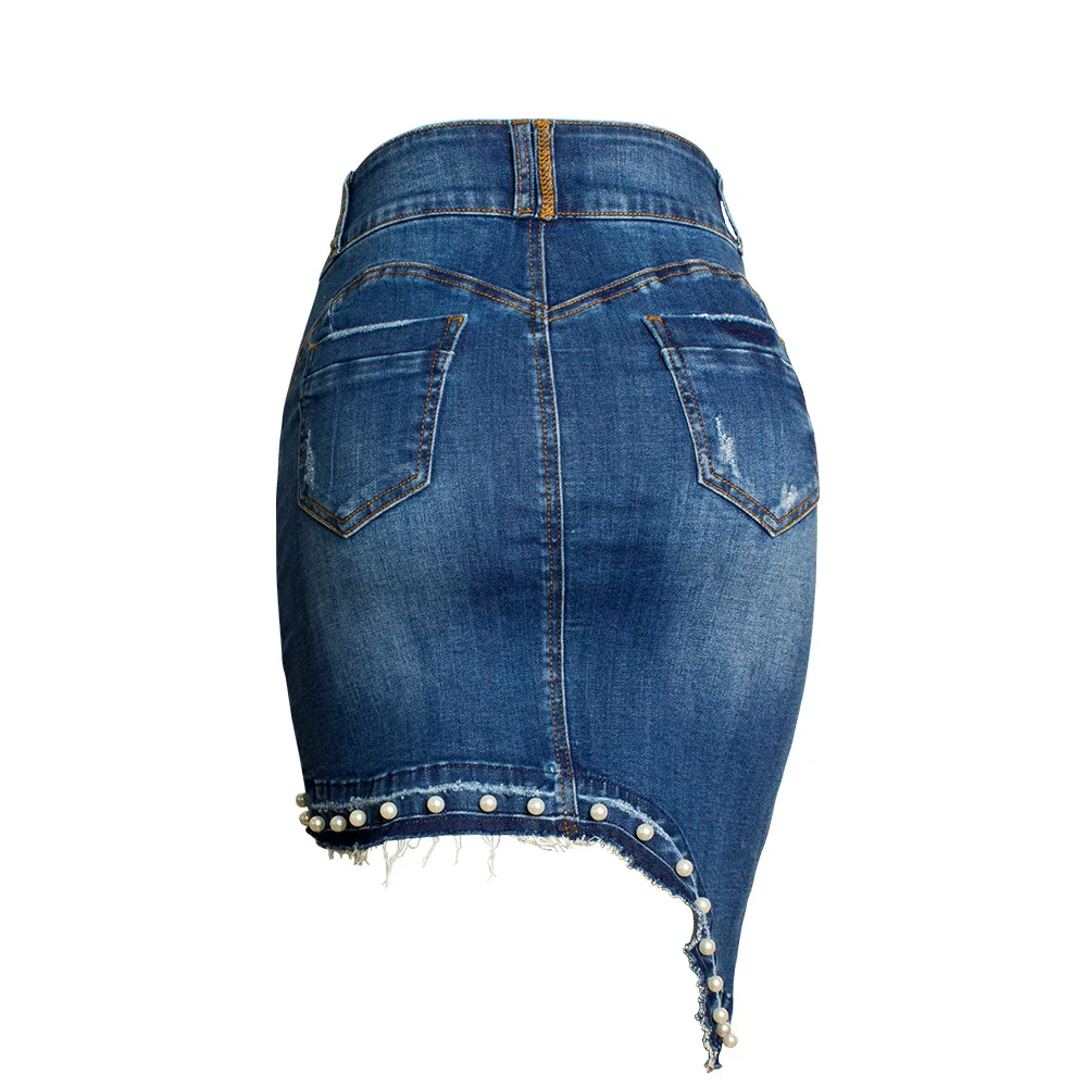 

Women's new irregular nail pearl denim half length with hip lifting and buttock wrapping middle skirt