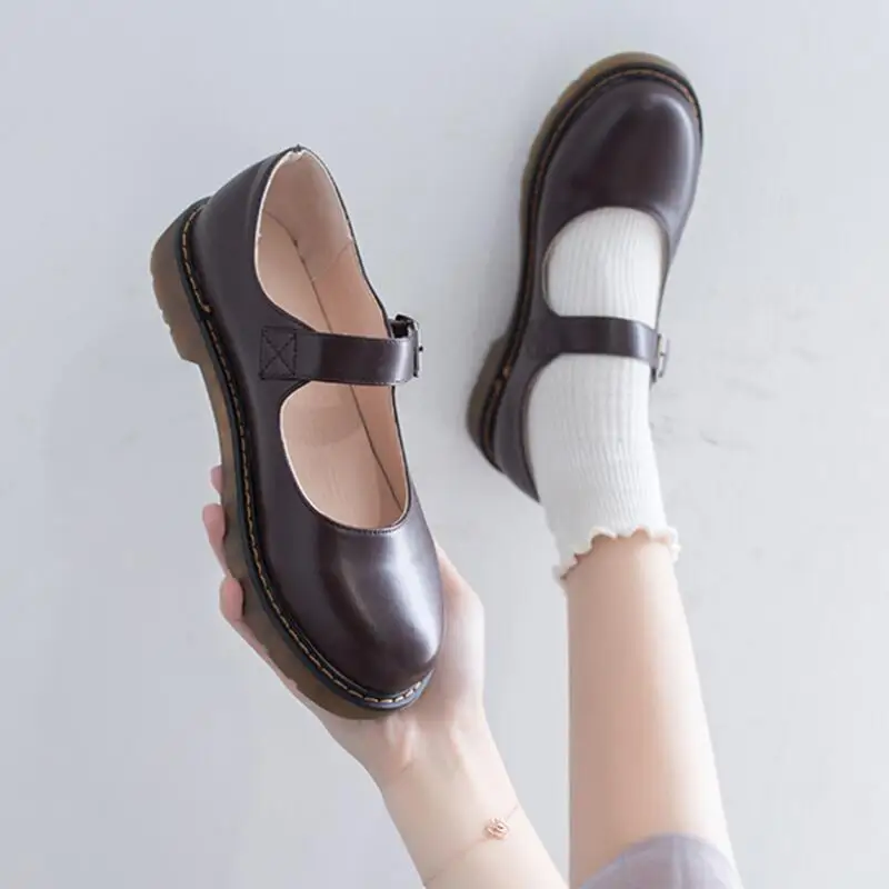 Туфли женские на плоской подошве Ретро стиль колледж с круглым вырезом толстая