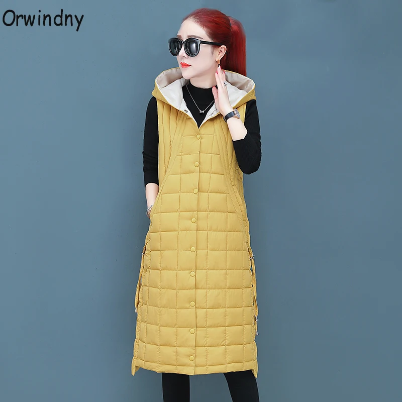Orwindny, женский жилет, зимние жилеты для женщин, теплый длинный жилет с капюшоном, 5 цветов, осенняя пуховая куртка с хлопковой подкладкой, пальто без рукавов
