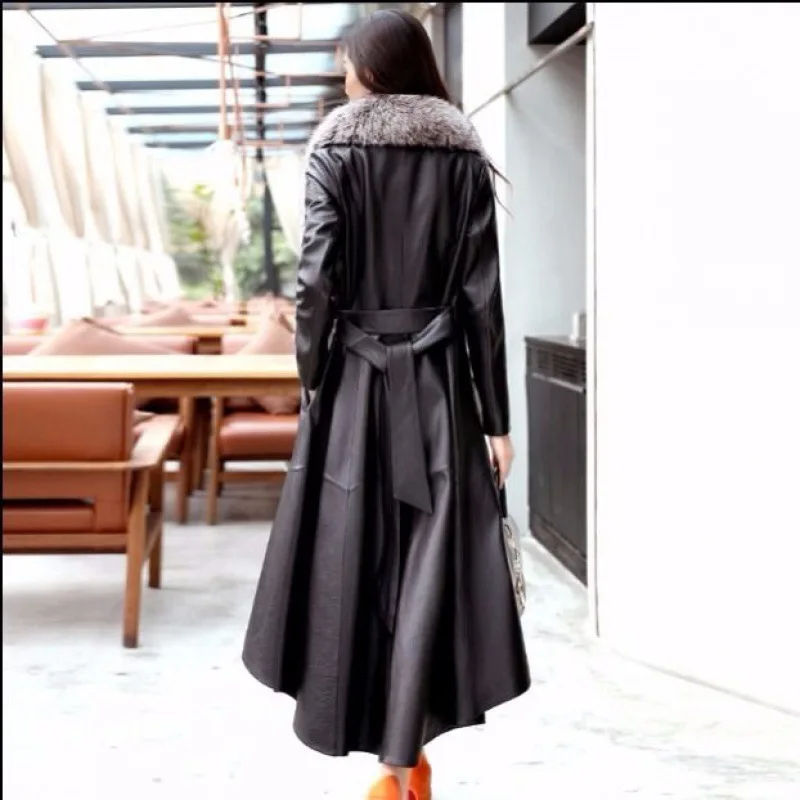 Leather Coat Female Autumn New European Sheep Skin Mink Fur Fox Hair Collar Haining Leather Windbreaker Slim V-Neck Outwear B13