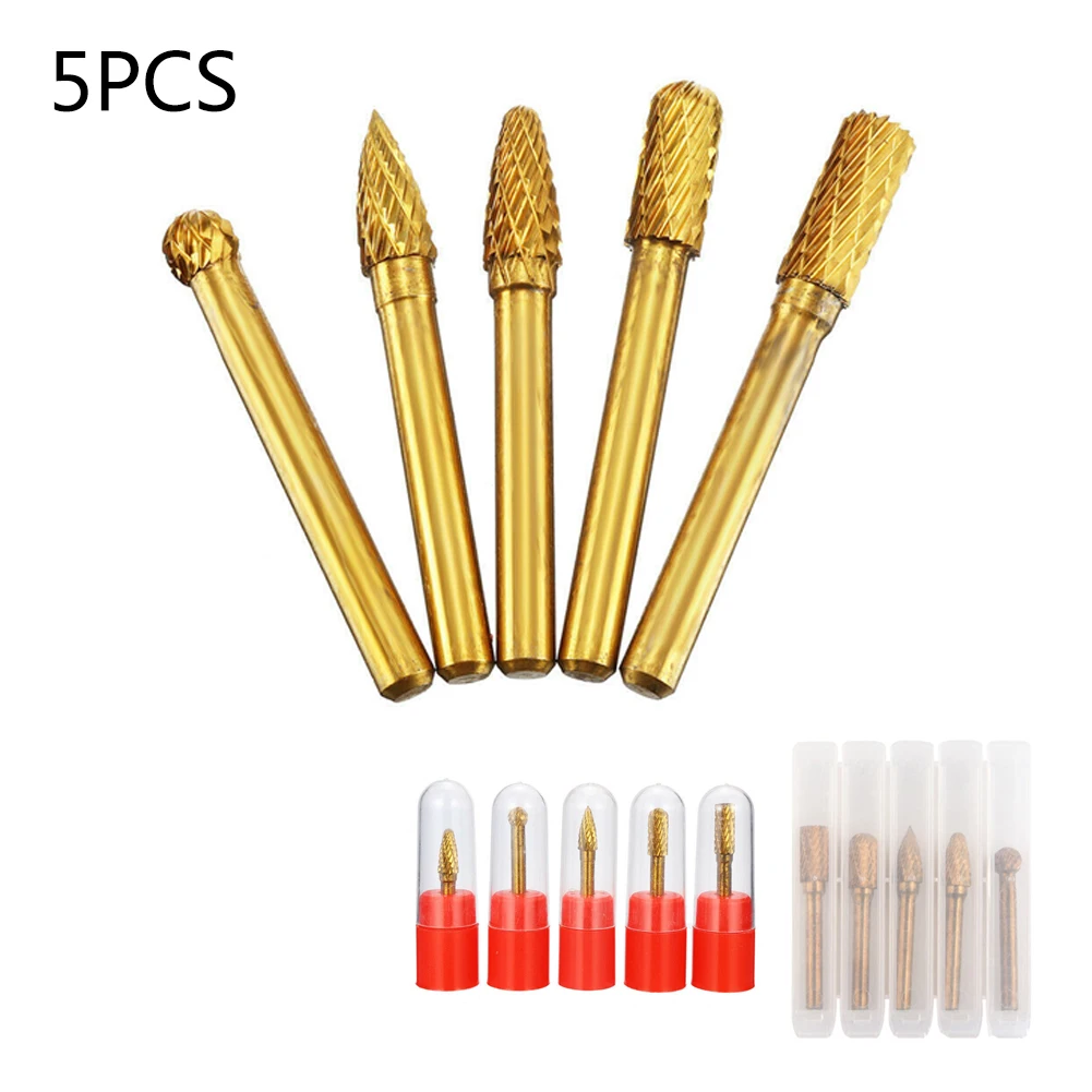 

5Pcs/Set Rotary Burrs Tungsten Steel Grinding Head Drill Bit Titanium Coated Rotary Burrs Tools Parts Accessories