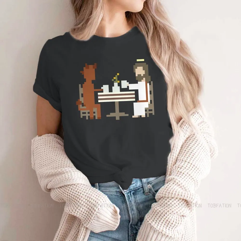

Having Coffee Sweet Girls Women T-Shirt Satan Religious Painting Christianity Belief Culture Casual Short Sleeve Oversized Tops