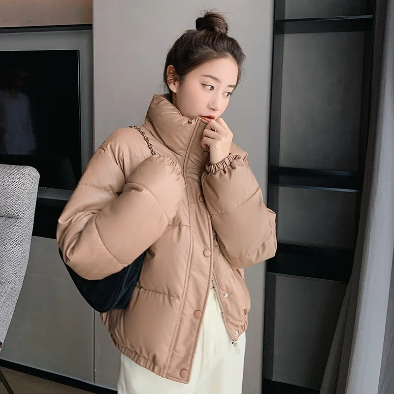 Thick Parkas Women Streetwear Stand-up Collar Loose Black Bubble Coat Female Korean  PU Leather Puffer Jacket Warm Winter New