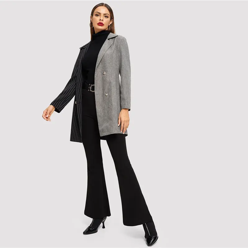 ROMWE Notch Collar Colorblock Striped Coat Women Blazer Autumn Fashion Ladies Jackets Fall Elegant Black Double Breasted Blazer