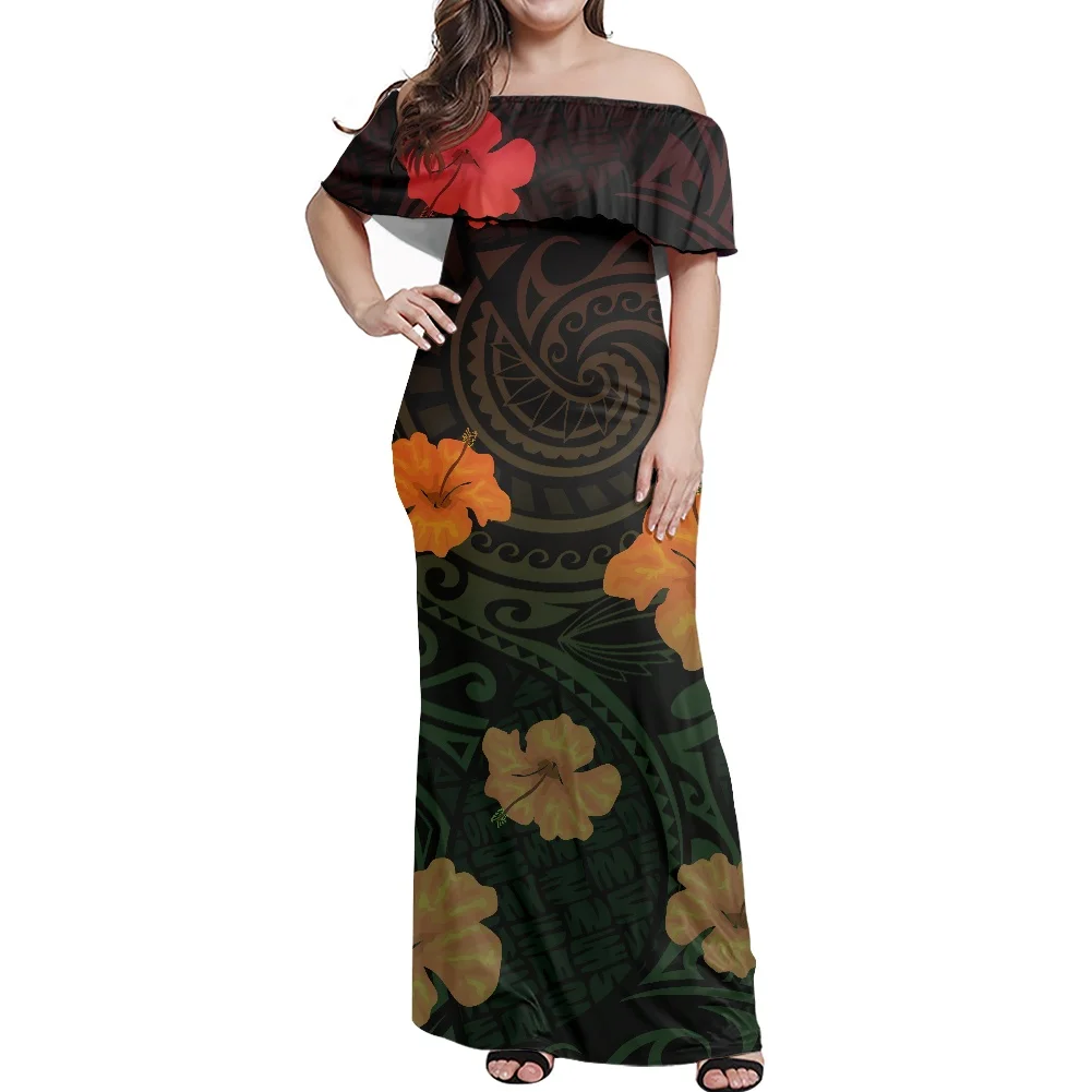 

Custom Hawaiian Vintage Hibiscus Flower 3D Printed Plus Size Maxi Dress Polynesian Tribe Off Shoulder Short Sleeve Pleated Skirt
