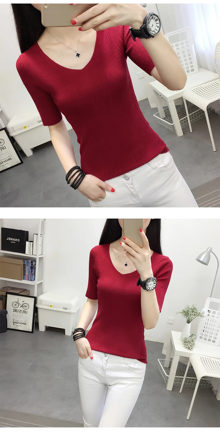 OHCLOTHINGnew style2019, короткий рукав, хлопок, круглый вырез, свитер, Женский рукав, голова, рукав, рубашка, пять, Одноцветный, плотный свитер, тонкий, ремонт