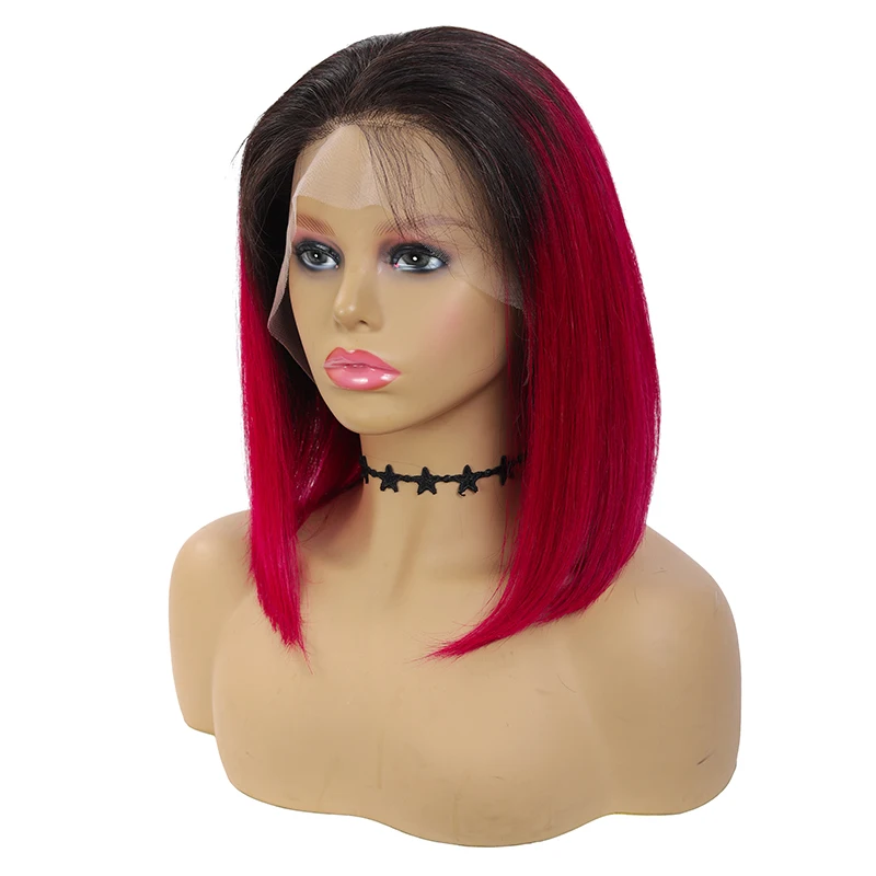 13x4 Lace Front Human Hair Wigs Ombre 99J/Burgundy RedWine Short Bob Wig For Women Brazilian Straight 150% SOKU|Парик из