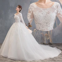 2022 new o neck long sleeve wedding dresses with train beautiful embroidery lace bridal ball gown plus size custom made