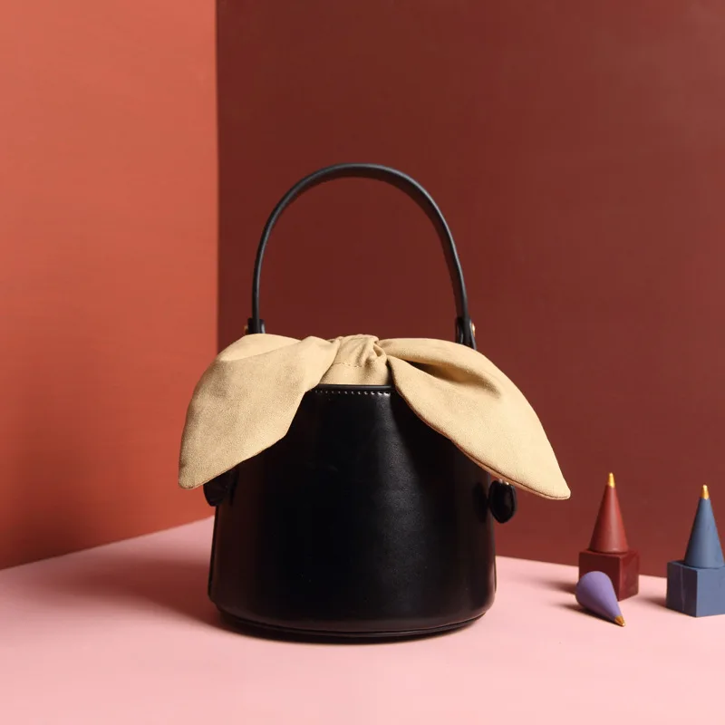 

Designer Genuine Leather Bucket Bag Women Handbag Casual Small Bow Shoulder Bag Brands Crossbody Bags for Women 2021 Purse Lady