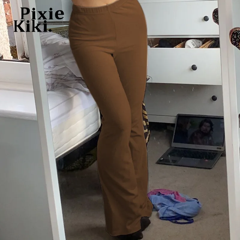 

PixieKiki Elastic High Waist Flare Pants Women Clothing Black Brown Y2k Aesthetic Bottoms Casual Trousers Sweatpants P67-CF40