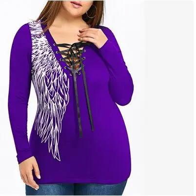 Plus Size Tie Up Wings Print Lace Panel Top Tshirt Women 2020 Autumn Tops Sexy Loose Long Sleeve Large 5XL WF612 | Женская одежда