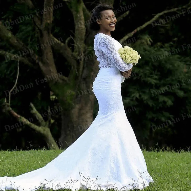 African White Lace Mermaid Wedding Dresses New 2020 Elegant Long Sleeves Sheer Back Garden Bridal Gowns Bride Dress Vestidos de