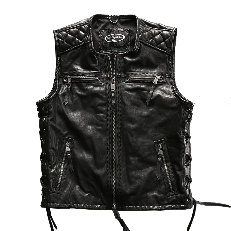 

Size Big European Super Motor Rider Mens High Quality Genuine Cowhide Leather Motorcycle Vest