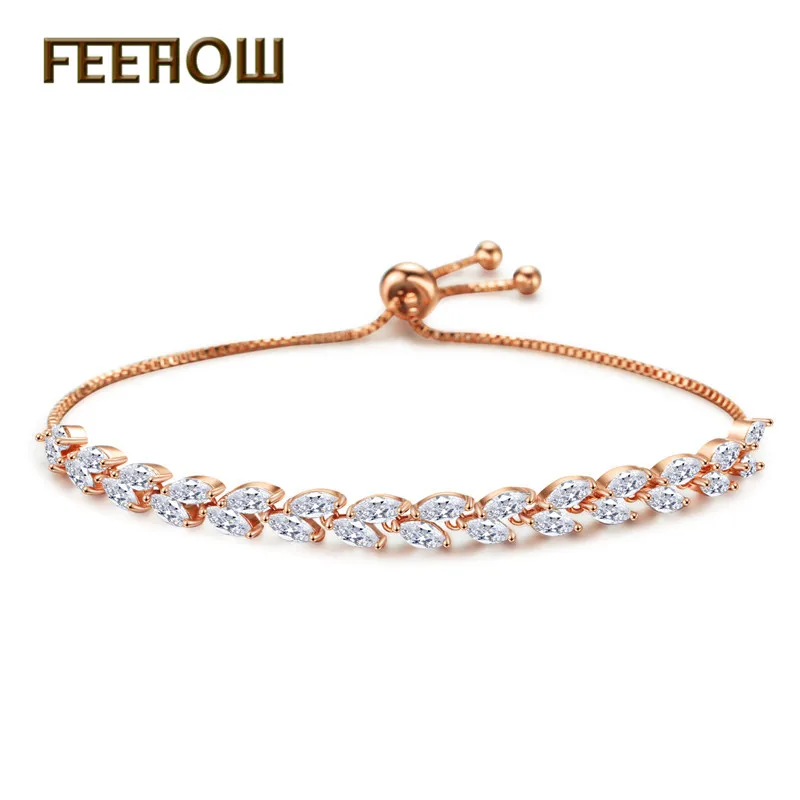Rose Gold 41 FEEHOW, высокое качество, Marquise Cut, прозрачный CZ циркониевый браслет и браслеты для женщин, подарок, модный, кристалл, камень, лист, ювелирное изделие, FWBP061 - Окраска металла: Rose Gold 41