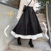 houzhou vintage elegant ruffle long skirt women kawaii black buttons patchwork a line midi skirt casual summer korean fashion