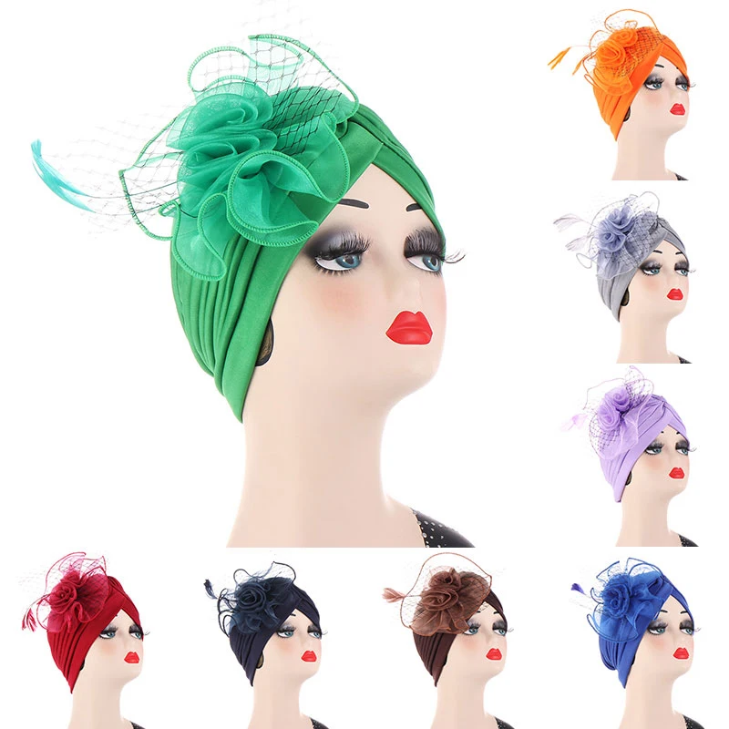 

Big Lace Flower Turban Bonnet for Women Muslim Headscarf Caps Wedding Party Headwear Turbante Mujer African Islamic Headtie