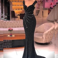 black sequin evening dress mermaid front split prom gowns beading slim party second reception dresses 2022
