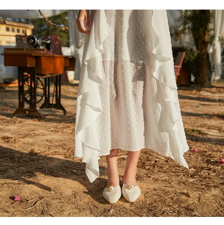 

#3915 White Beach Dress Women Sexy Ruffles Asymmetric Spaghetti Strap Off Shoulder Party Dress V Neck Midi Woman Dress Summer