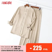 tangada 2021 women tracksuit sets oversized blouse and wide leg pants 2 pieces sets high quality sets 6l40