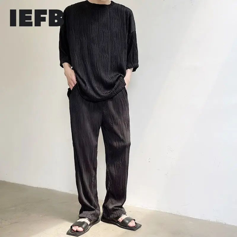 

Оригинальные свободные брюки IEFB из рельефной ткани со складками, повседневные брюки с широкими штанинами, новинка 2021, индивидуальные черны...