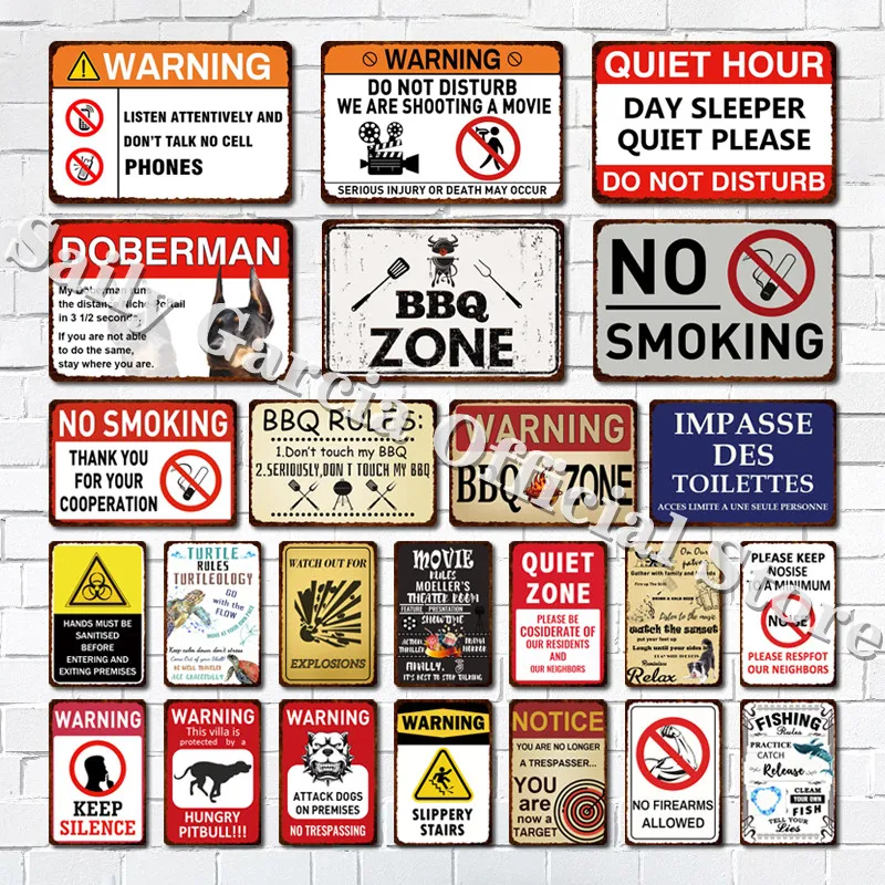 

Warning Bbq Tin Sign No Smoking Vintage Metal Posters Pub Bar Sign Garage Quiet Zone Home Backyard Metal Tin Wall Decor Plates