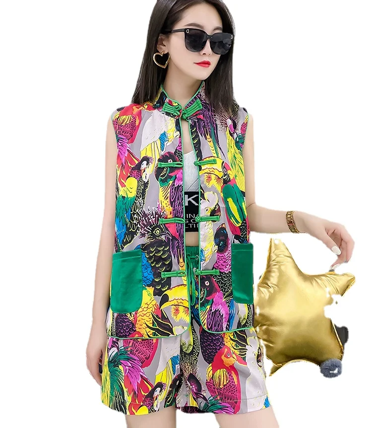 

chinese national print satin sets women summer floral brid print satin outfits lady mothers Sleeveless tops with shorts sets
